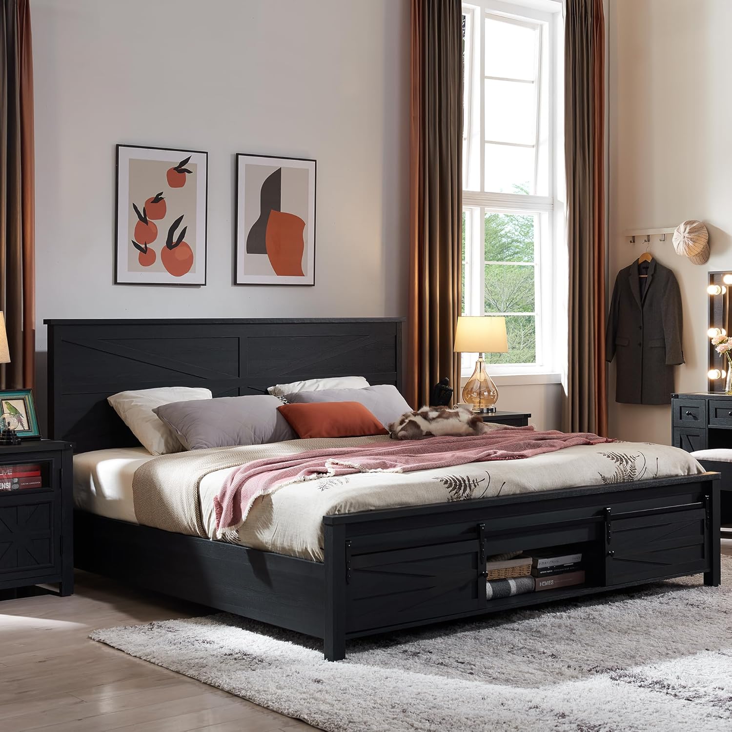 King Size Farmhouse Wood Bed Frame with Barn Door Cabinets
