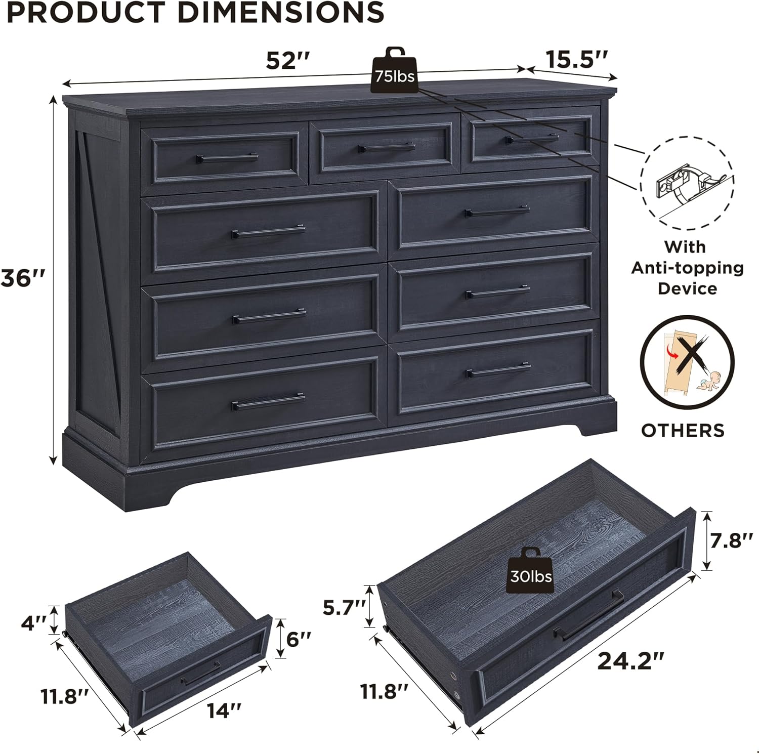 Farmhouse 9-Drawer Dresser with Roman Column - Off White