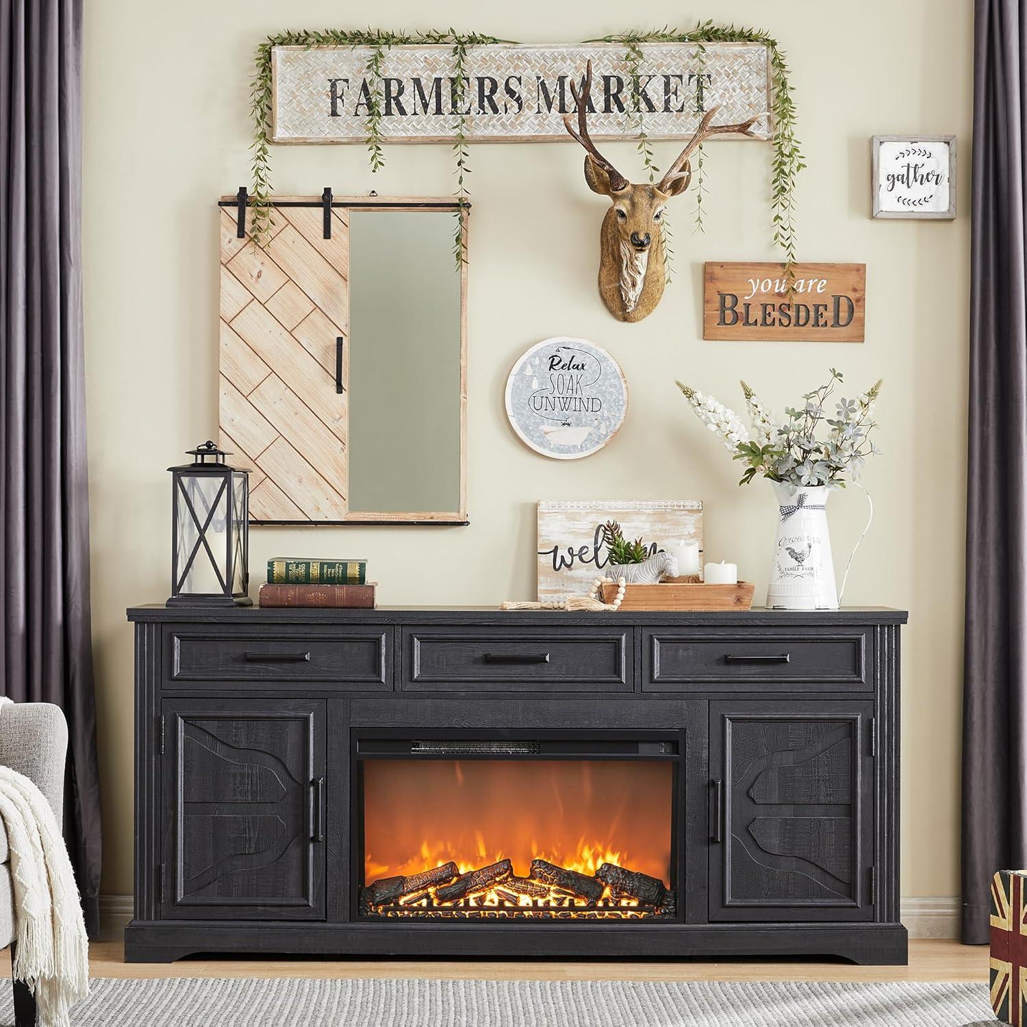 Farmhouse Fireplace TV Stand Entertainment Center with Electric Fireplace