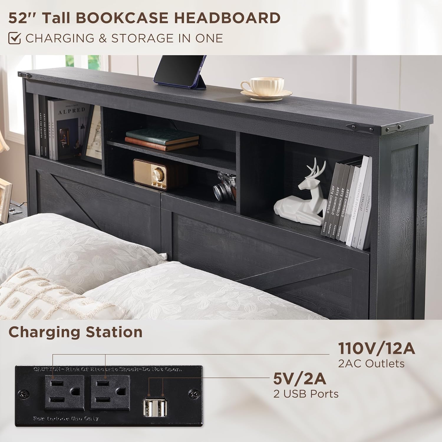 Farmhouse Queen Bed Frame with Headboard, USB Ports and Drawers