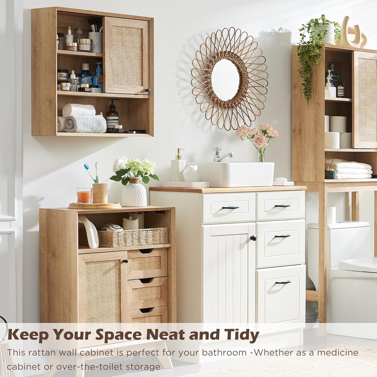 OKD Hand-Woven Rattan Wall Storage Cabinet with Adjustable Shelves
