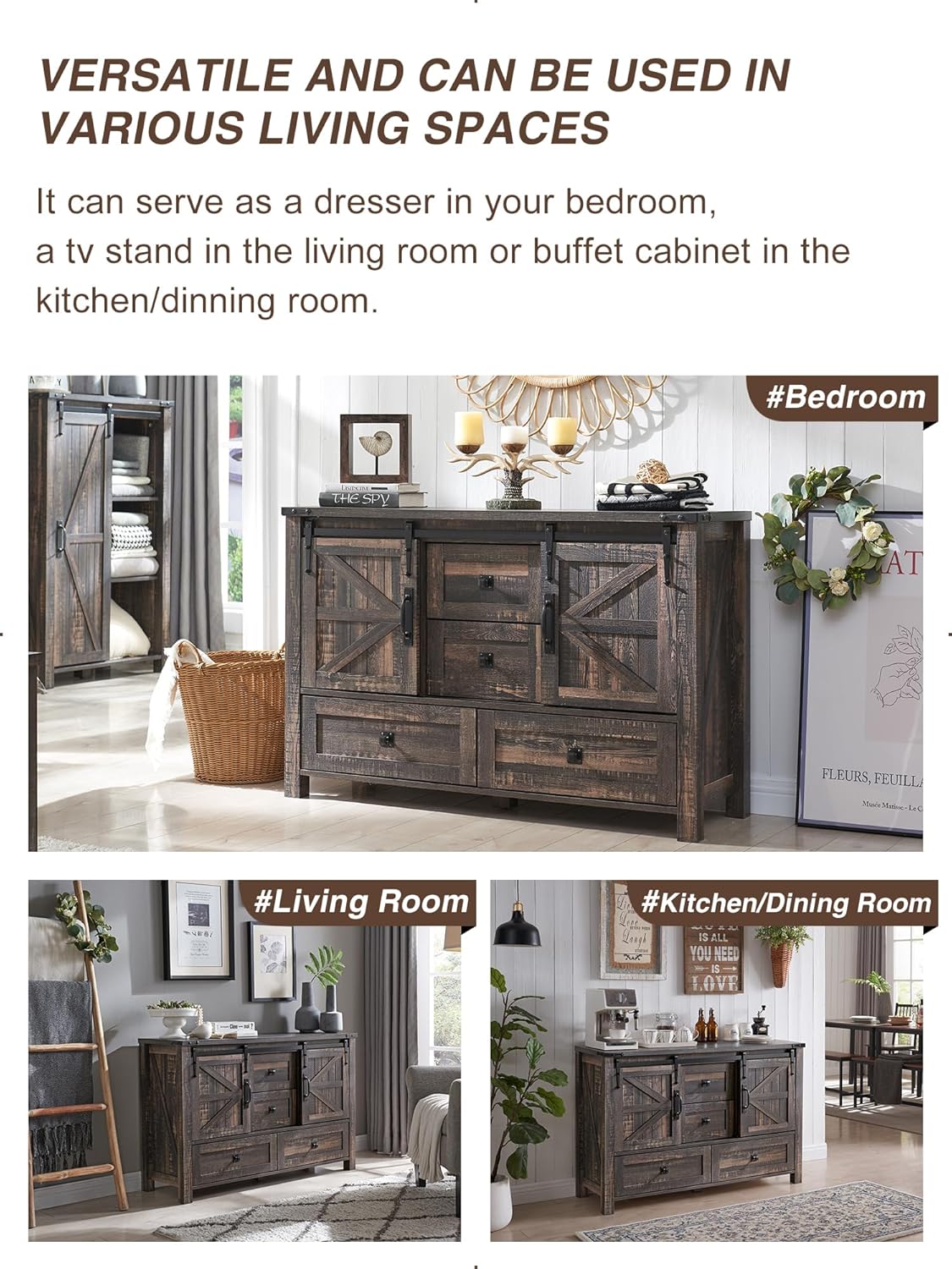 Rustic Farmhouse Dresser with Barn Doors, 4 Drawers, Dark Oak