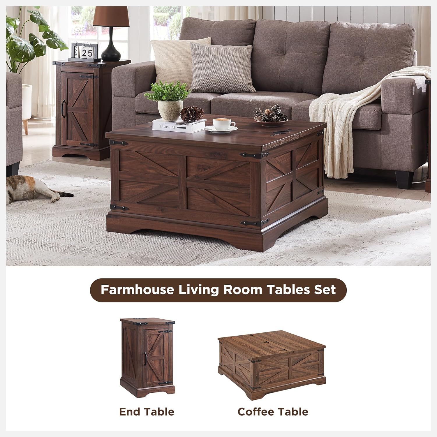 Farmhouse Lift Top Coffee Table with Storage Compartment Rustic Brown