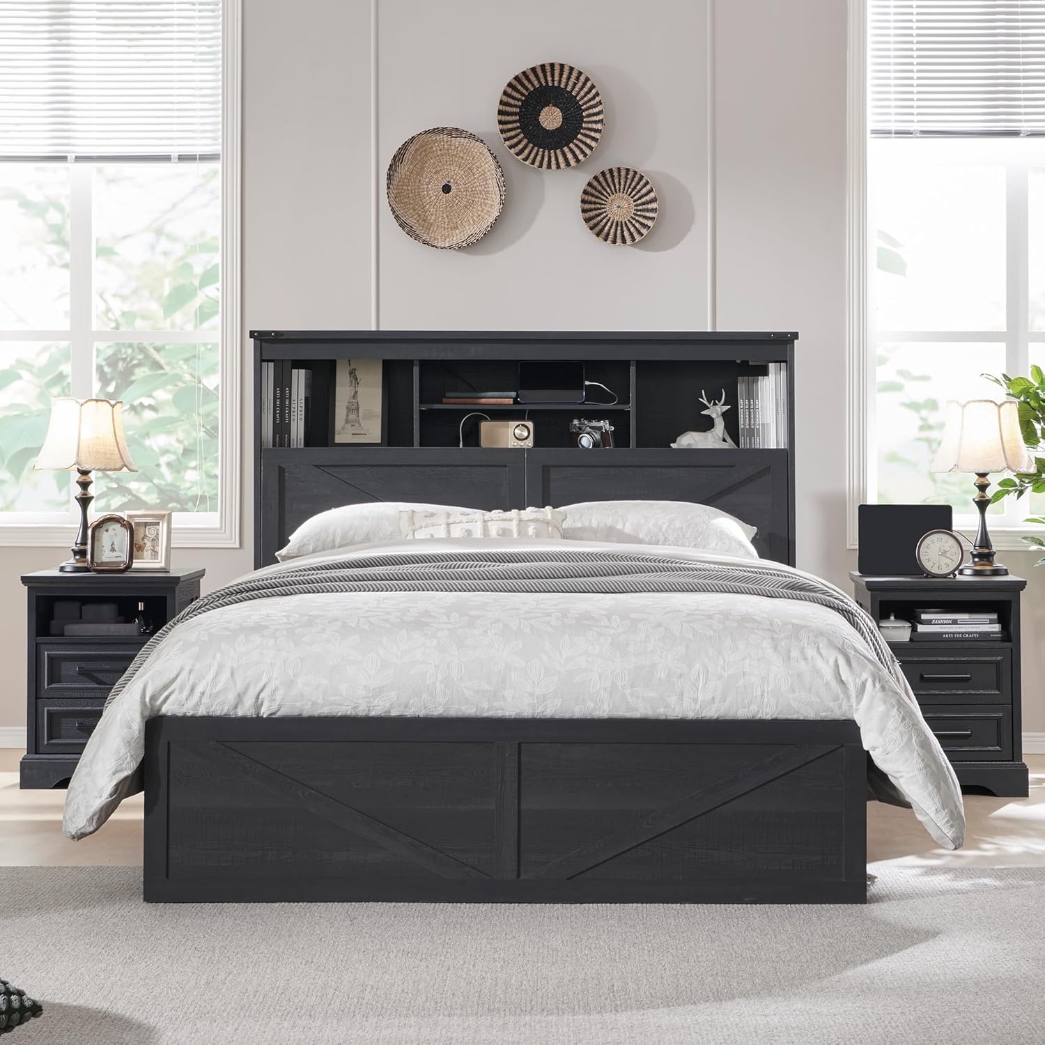 Farmhouse Queen Bed Frame with Headboard, USB Ports and Drawers