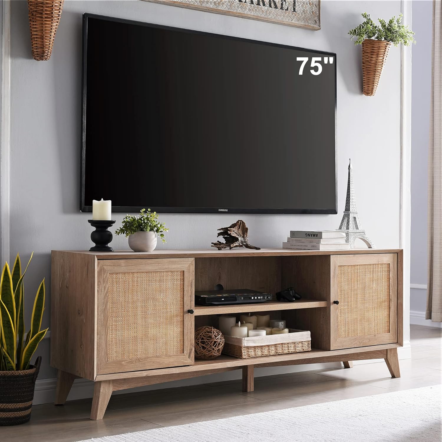 OKD Mid Century Modern TV Stand with Rattan Door for 75+ Inch TV