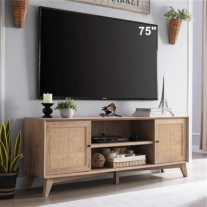 OKD Mid Century Modern TV Stand with Rattan Door for 75+ Inch TV