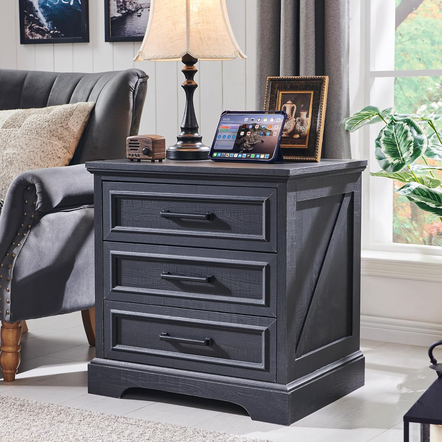 Farmhouse Nightstand with Charging Station Wide End Table Dresser Black