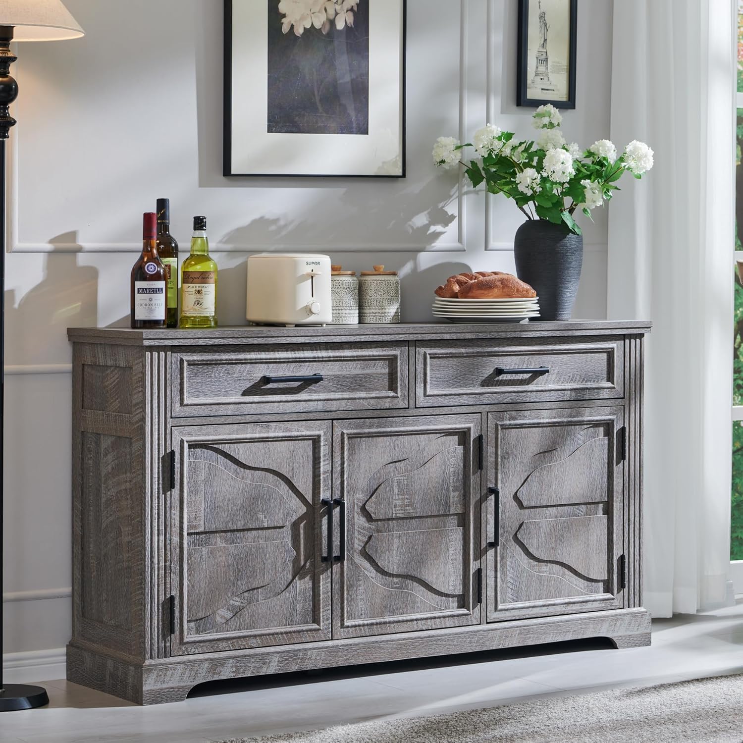 Modern 55-Inch Dark Grey Buffet, Coffee, and Wine Bar Cabinet