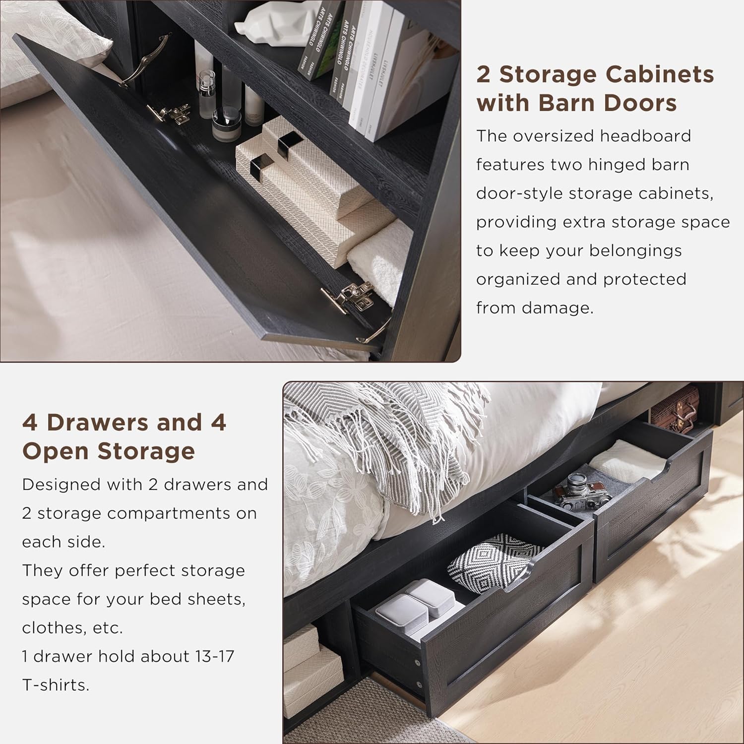Farmhouse Queen Bed Frame with Headboard, USB Ports and Drawers