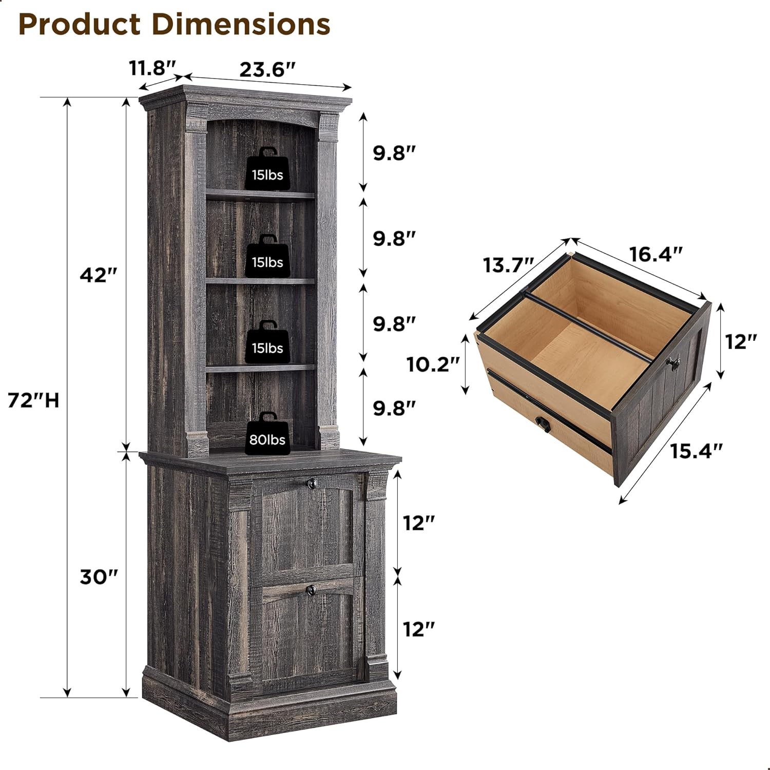 Rustic Farmhouse 72" Tall Bookcase with Adjustable Shelves & Drawers