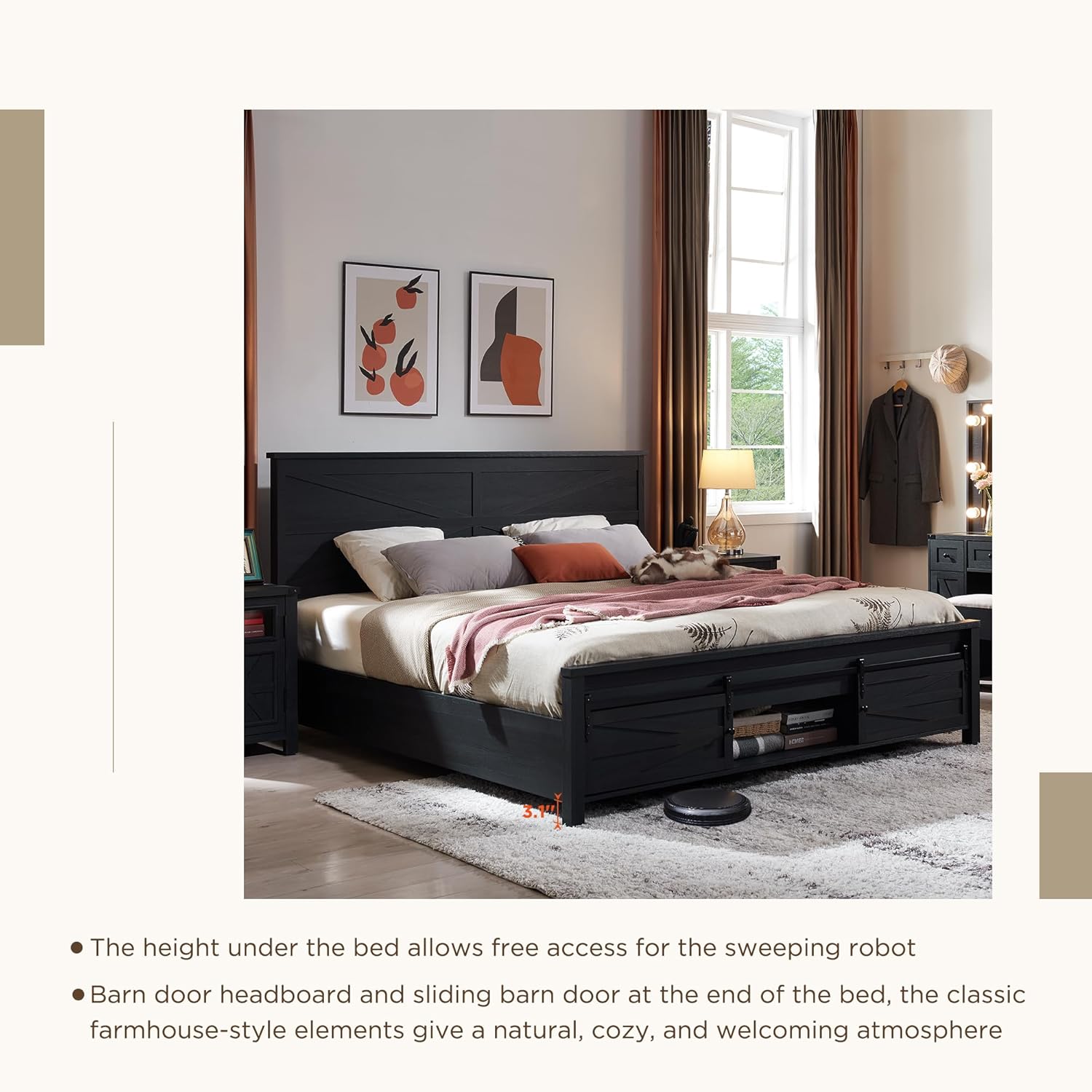 King Size Farmhouse Wood Bed Frame with Barn Door Cabinets