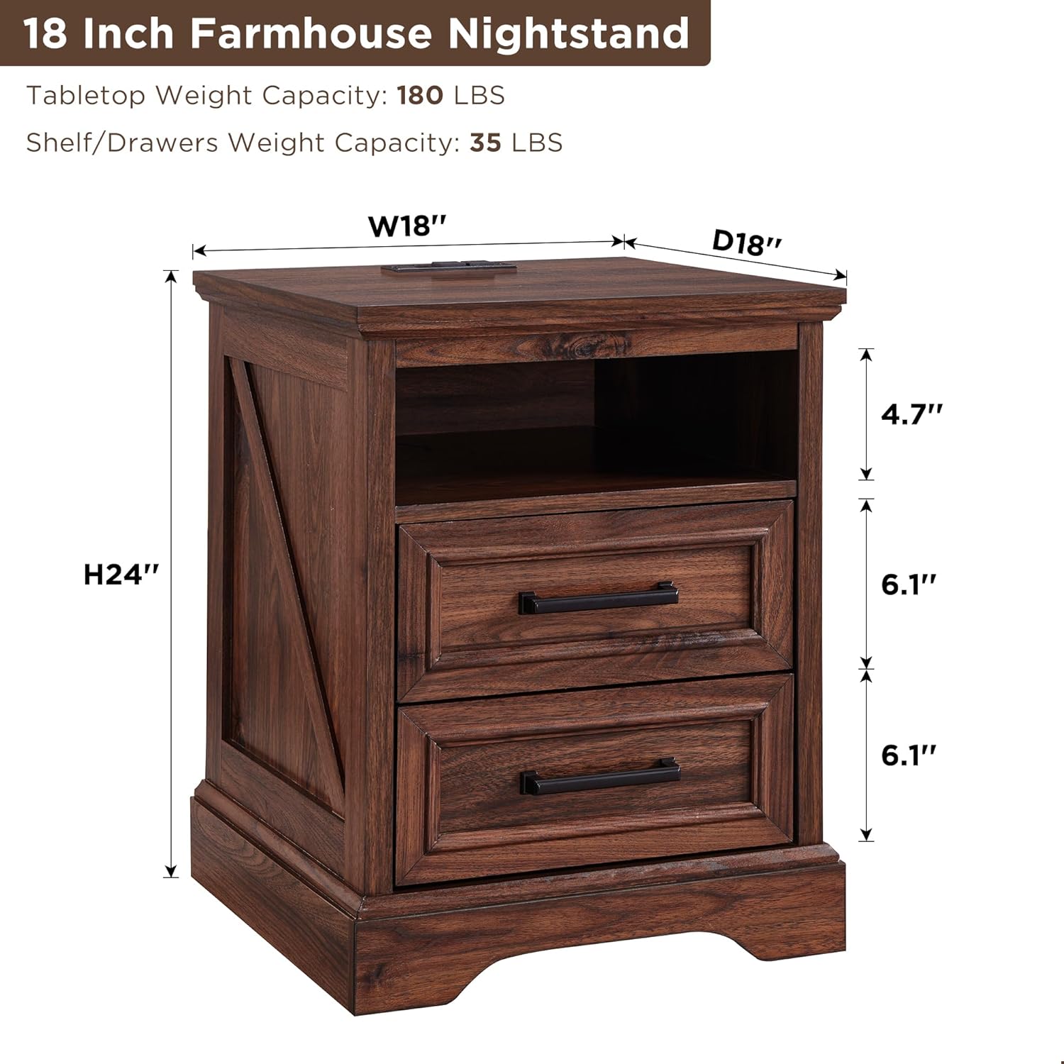 Farmhouse Nightstand with Charging Station - End Table with Drawers