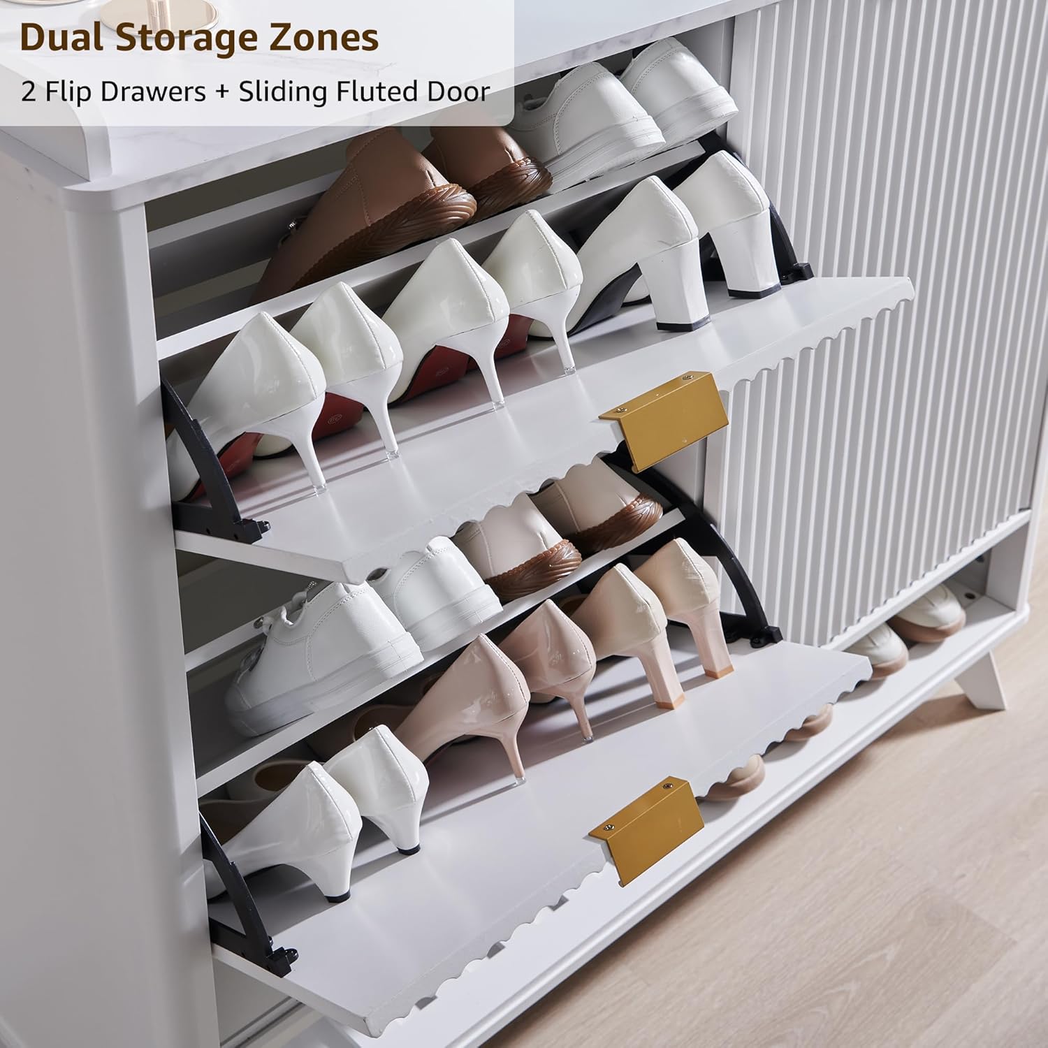 T4TREAM White Fluted Shoe Storage Cabinet - Organizer for Entryway