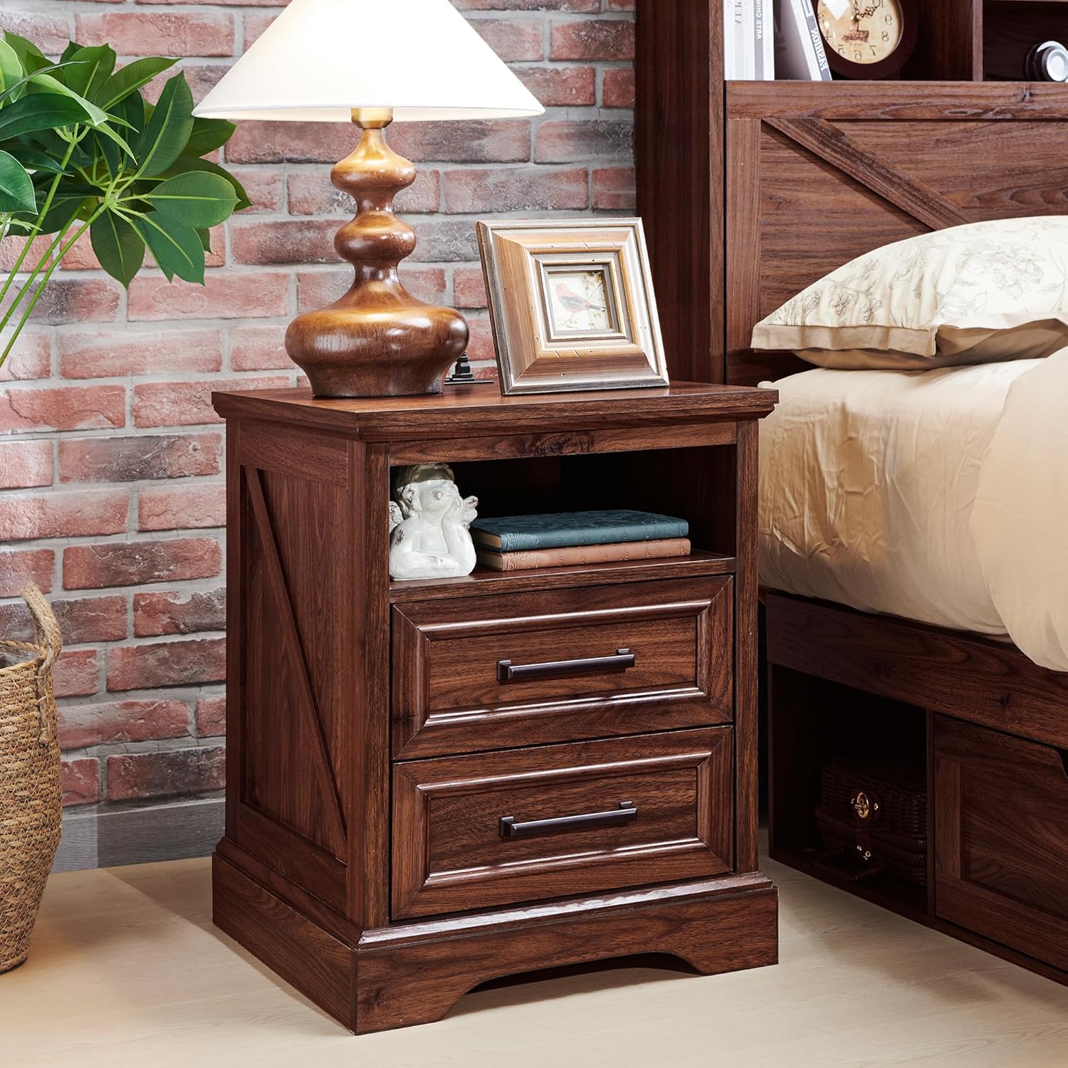 Farmhouse Nightstand with Charging Station - End Table with Drawers