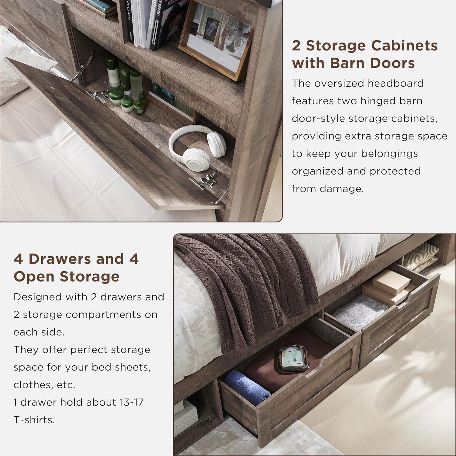 Full Size Farmhouse Wood Bed Frame with Storage Headboard & Drawers