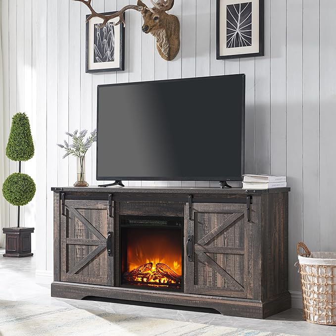 OKD Farmhouse TV Stand with Fireplace for TVs Up To 65 Inch
