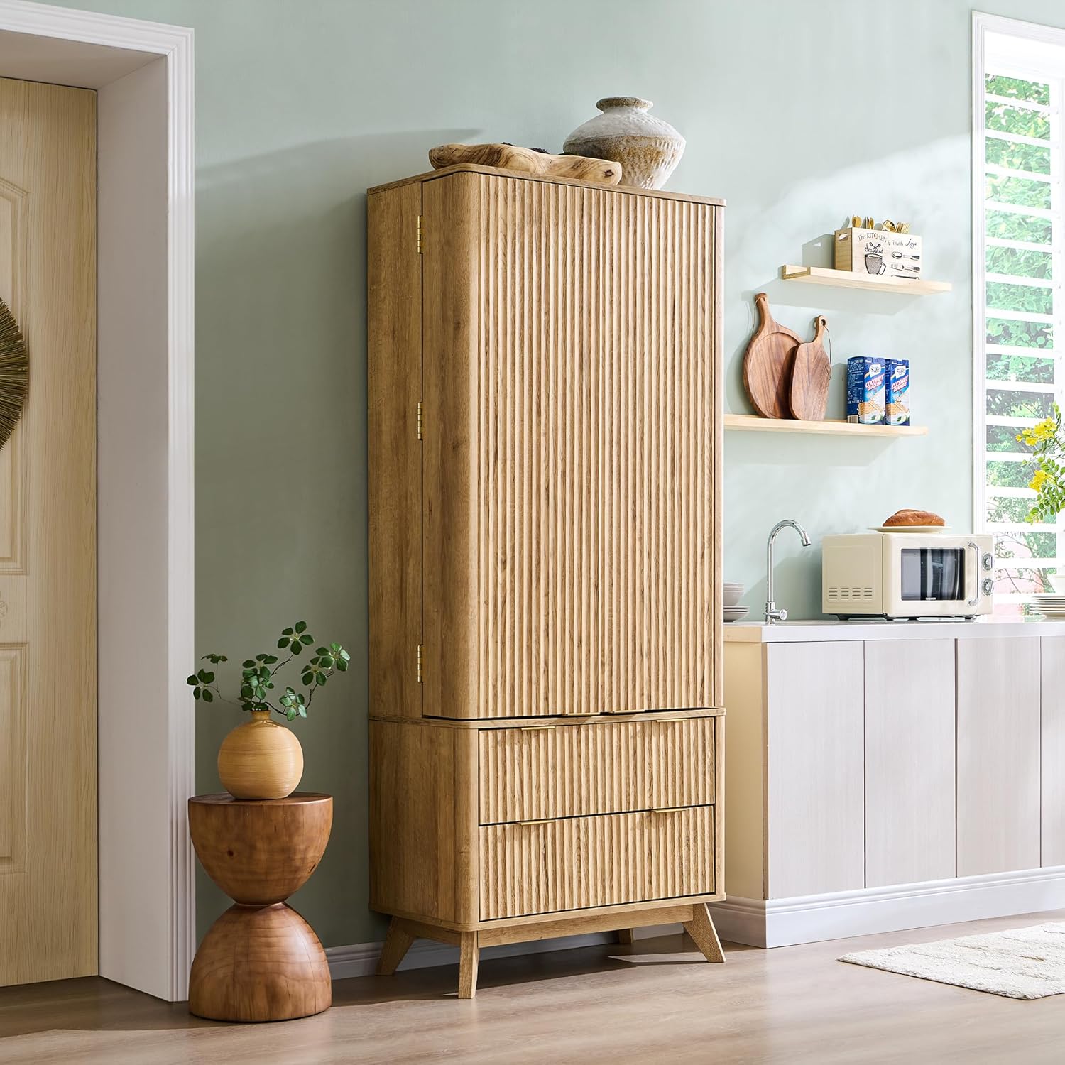 OKD Fluted Natural Oak Pantry Cabinet, 72" Kitchen Hutch