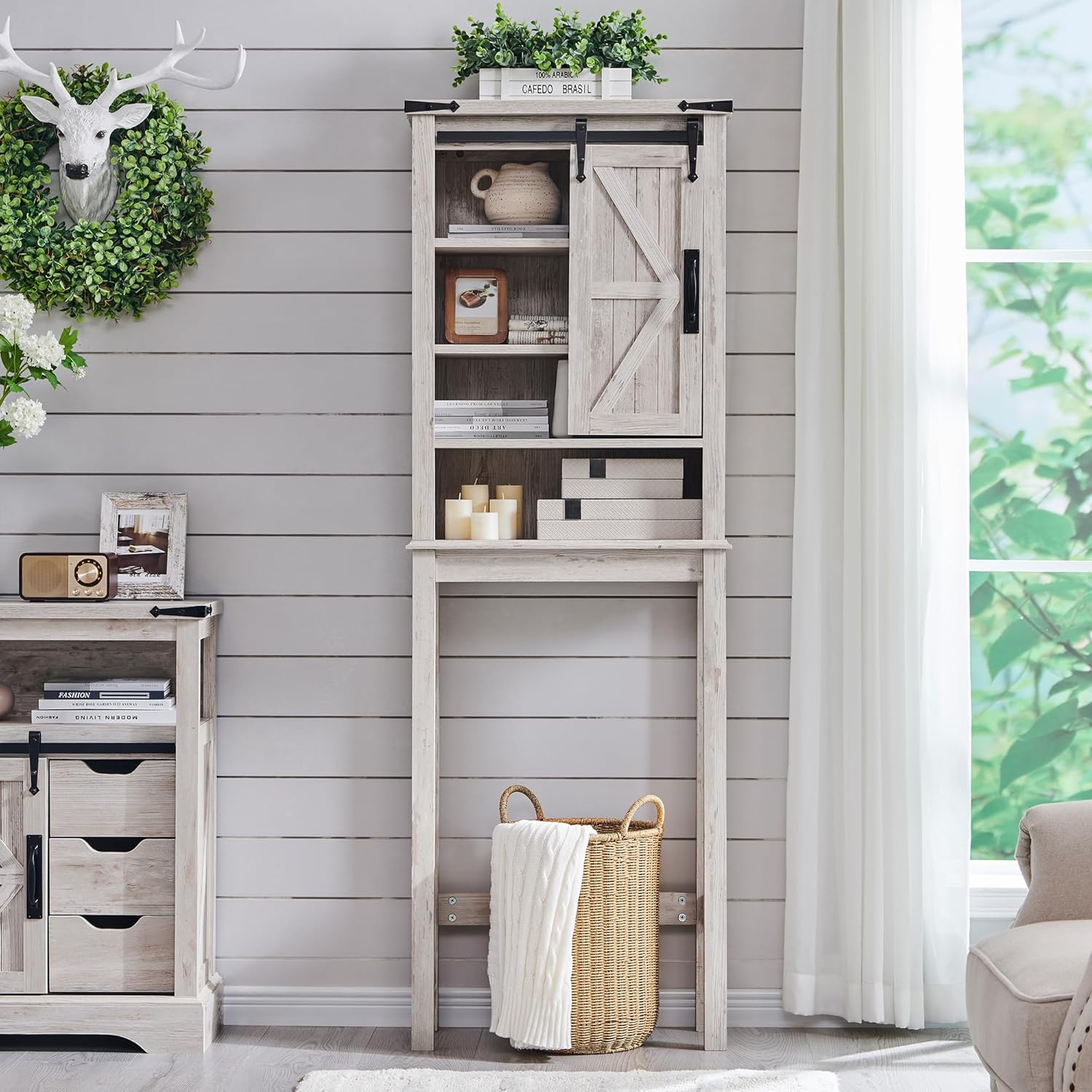 OKD Farmhouse Over The Toilet Storage Cabinet with Sliding Barn Door