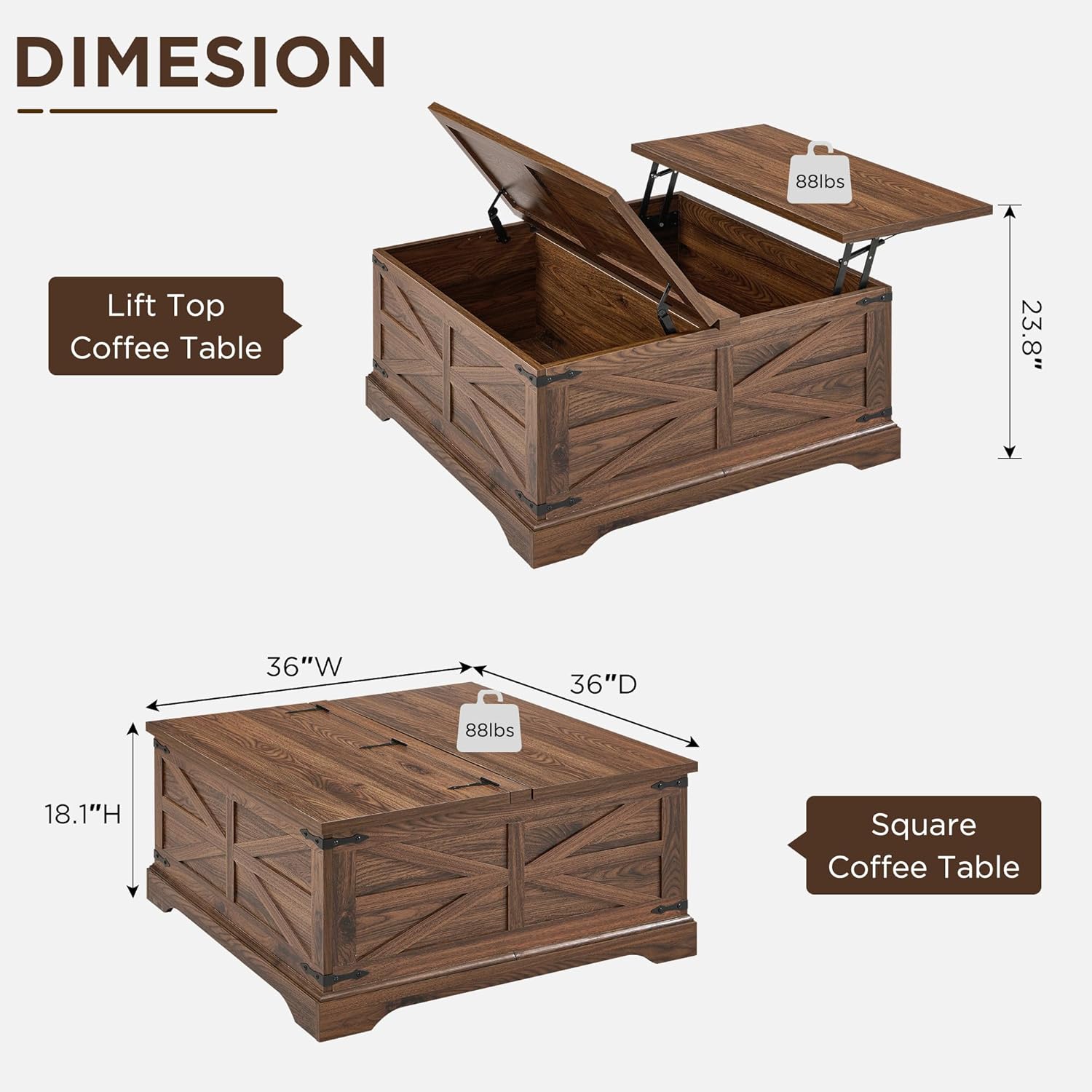 Farmhouse Lift Top Coffee Table with Storage Compartment Rustic Brown