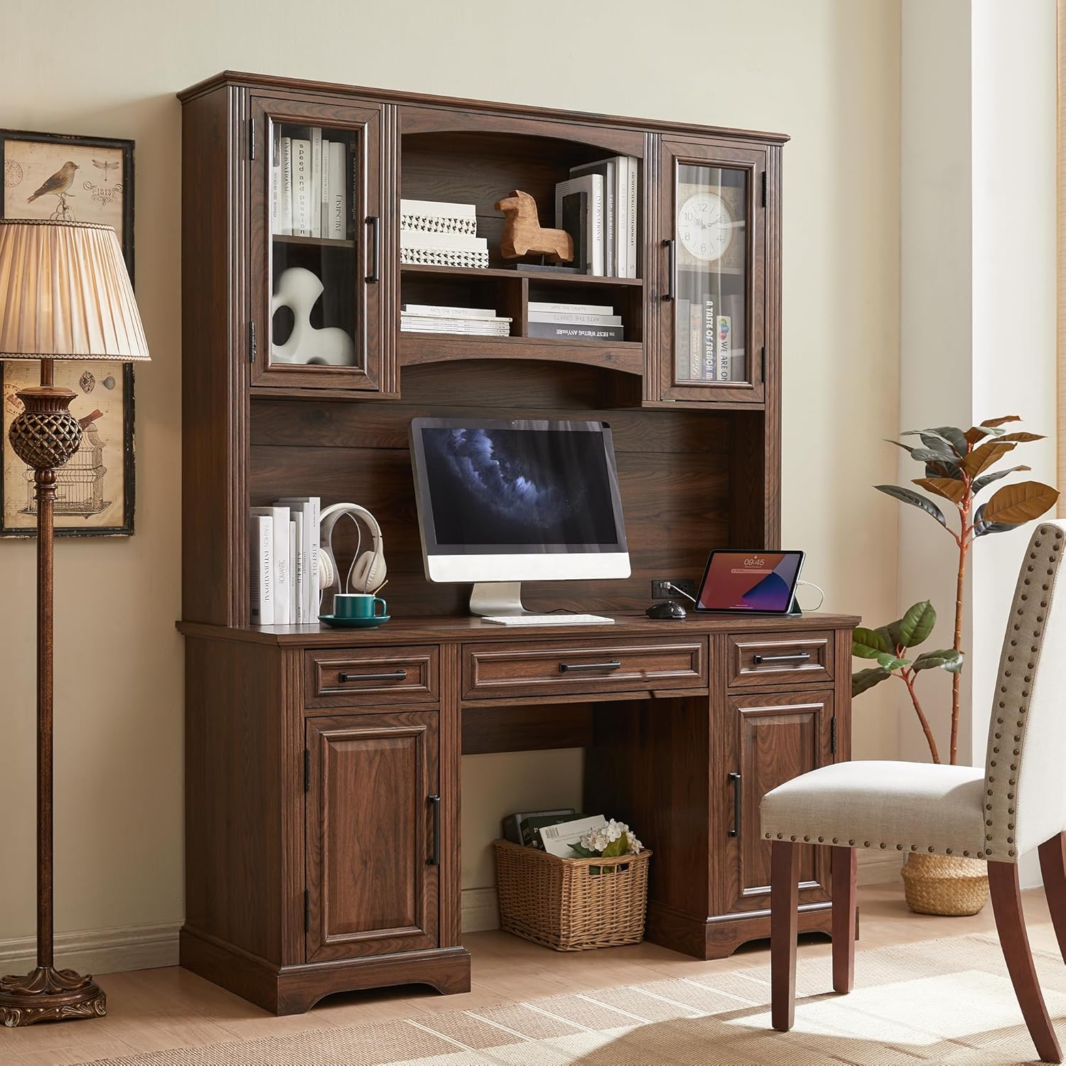 Farmhouse Computer Desk with Hutch, Charging Station and Storage
