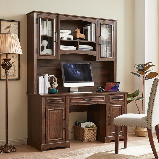 Farmhouse Computer Desk with Hutch, Charging Station and Storage