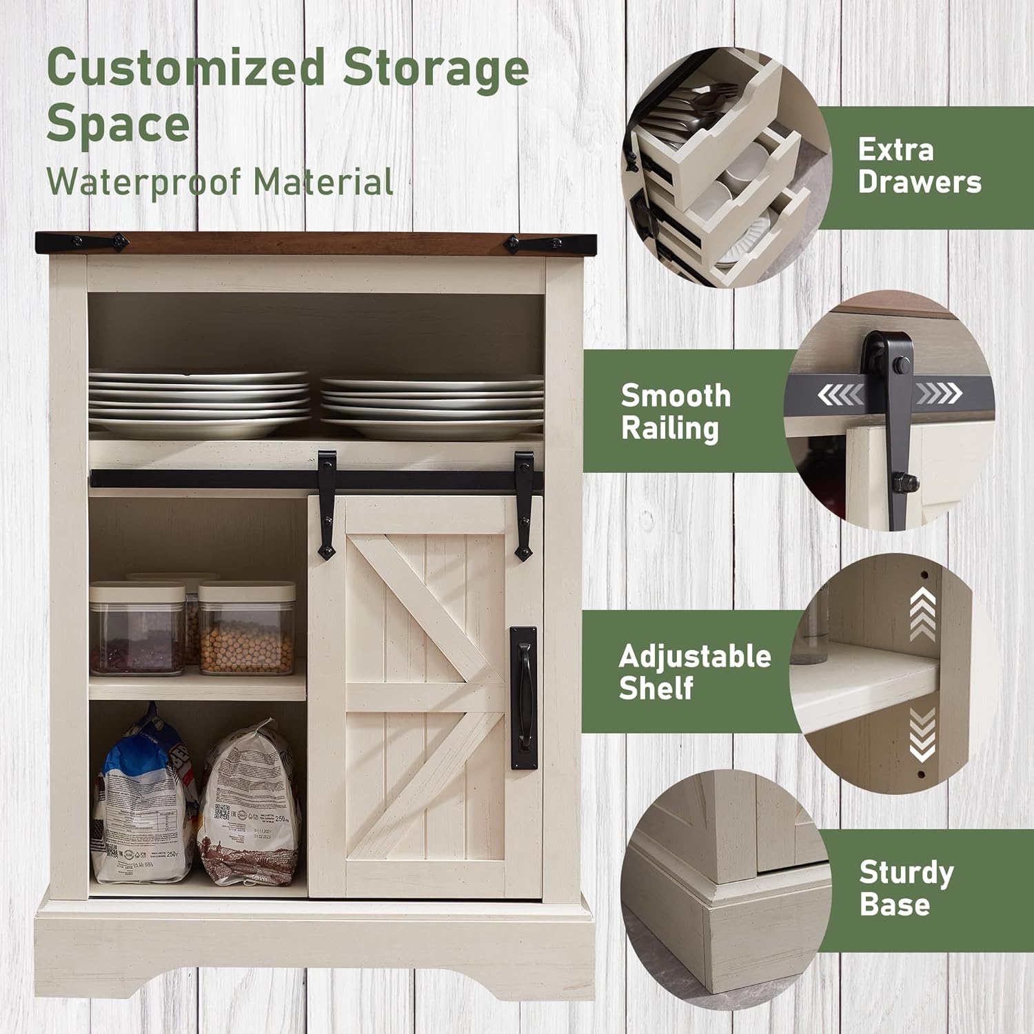OKD Farmhouse Bathroom Floor Cabinet with Sliding Barn Door & Drawers