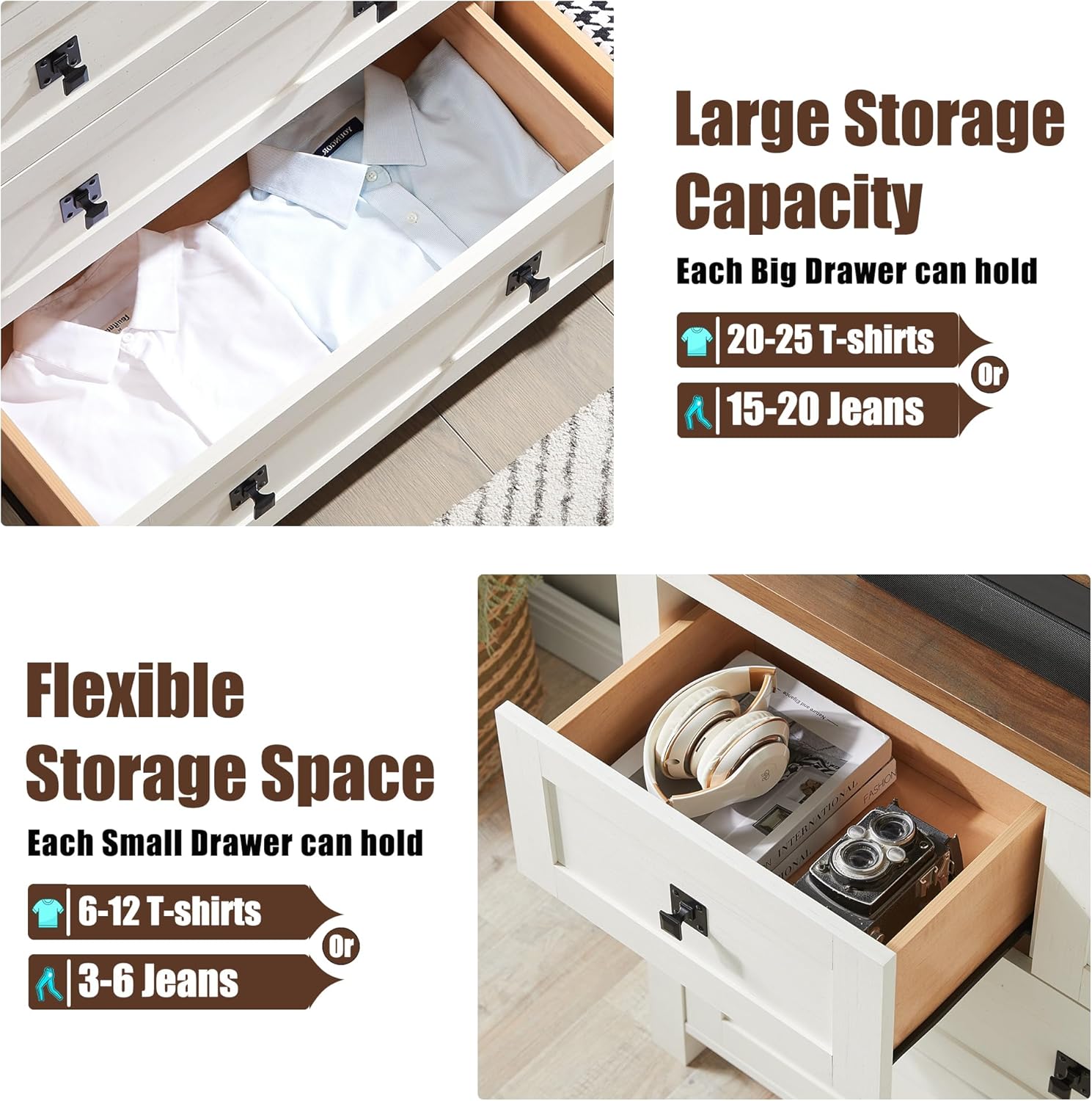 T4TREAM Farmhouse Antique White 7-Drawer Dresser, TV Stand, Organizer