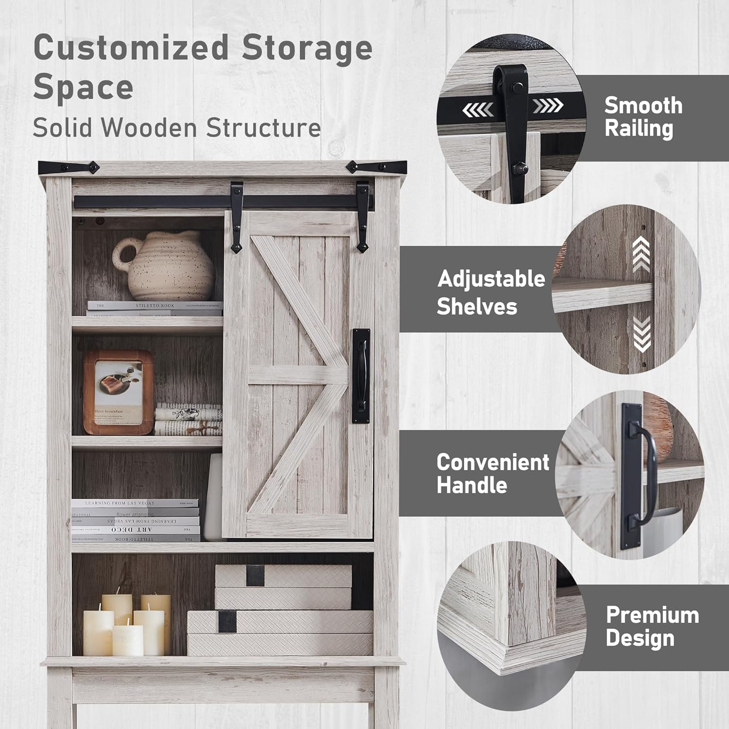 OKD Farmhouse Over The Toilet Storage Cabinet with Sliding Barn Door