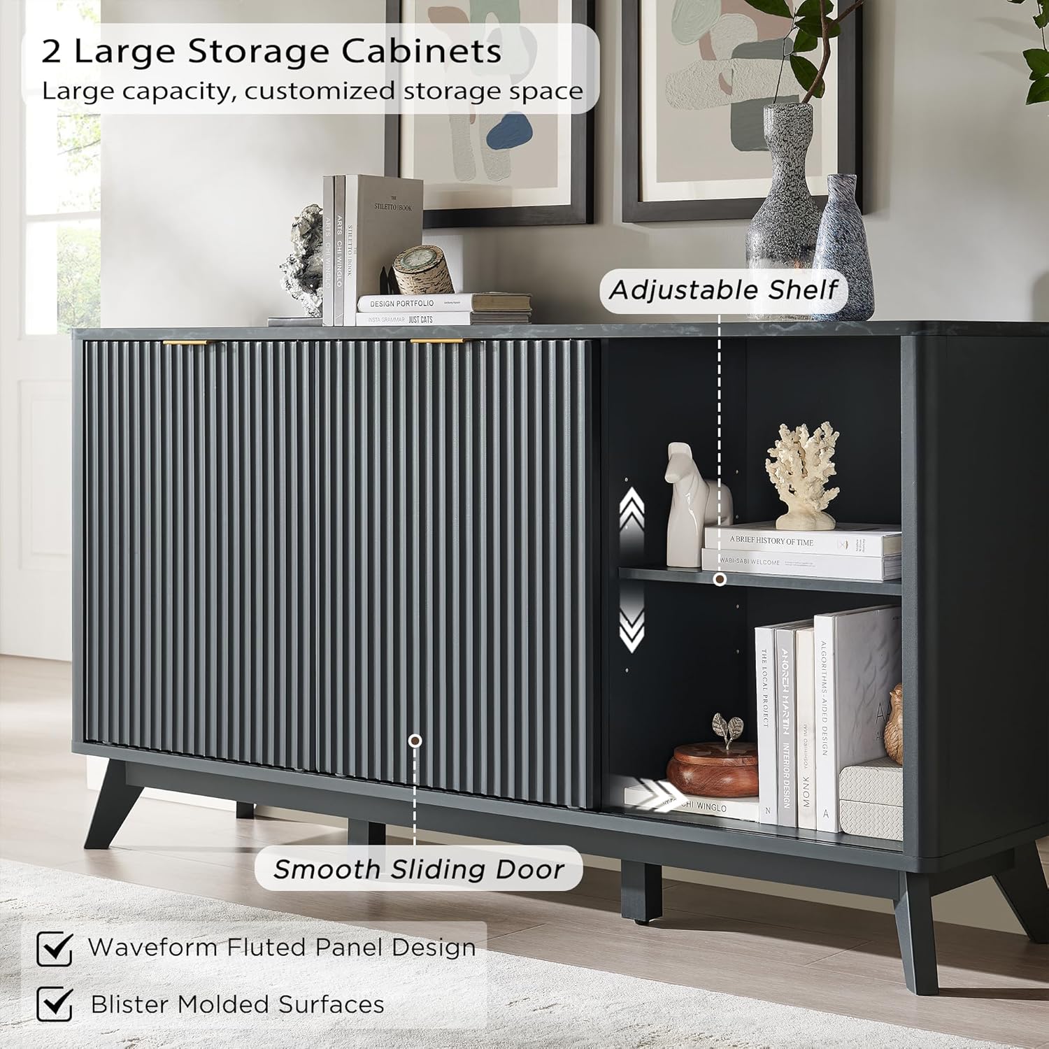 Modern Fluted Dresser 60 Inch with Sliding Doors and Drawers