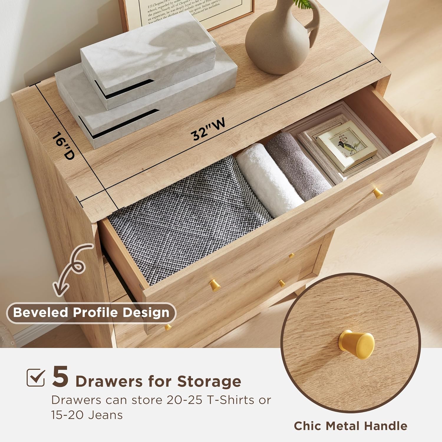 T4TREAM 5-Drawer Dresser: Mid-Century Modern Wood Storage Organizer
