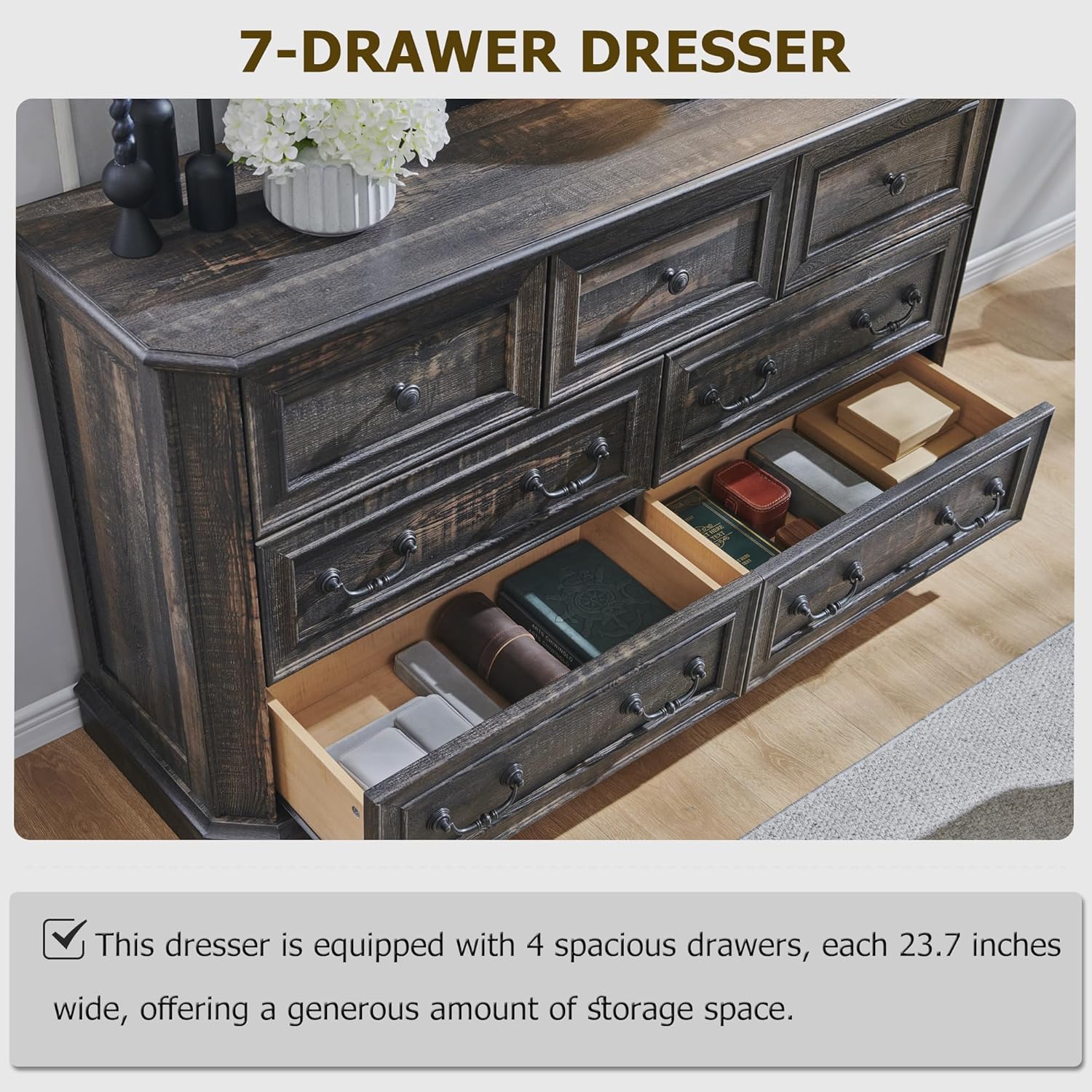 Farmhouse 7 Drawer Dresser Wide Wood Rustic Chest Organizer