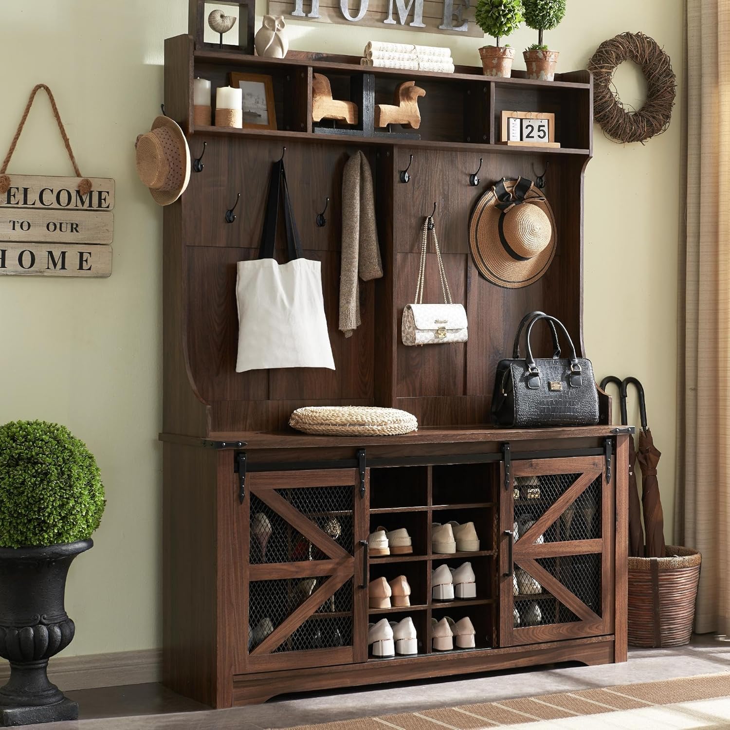 59" Farmhouse Hall Tree with Shoe Storage Bench & Cubbies