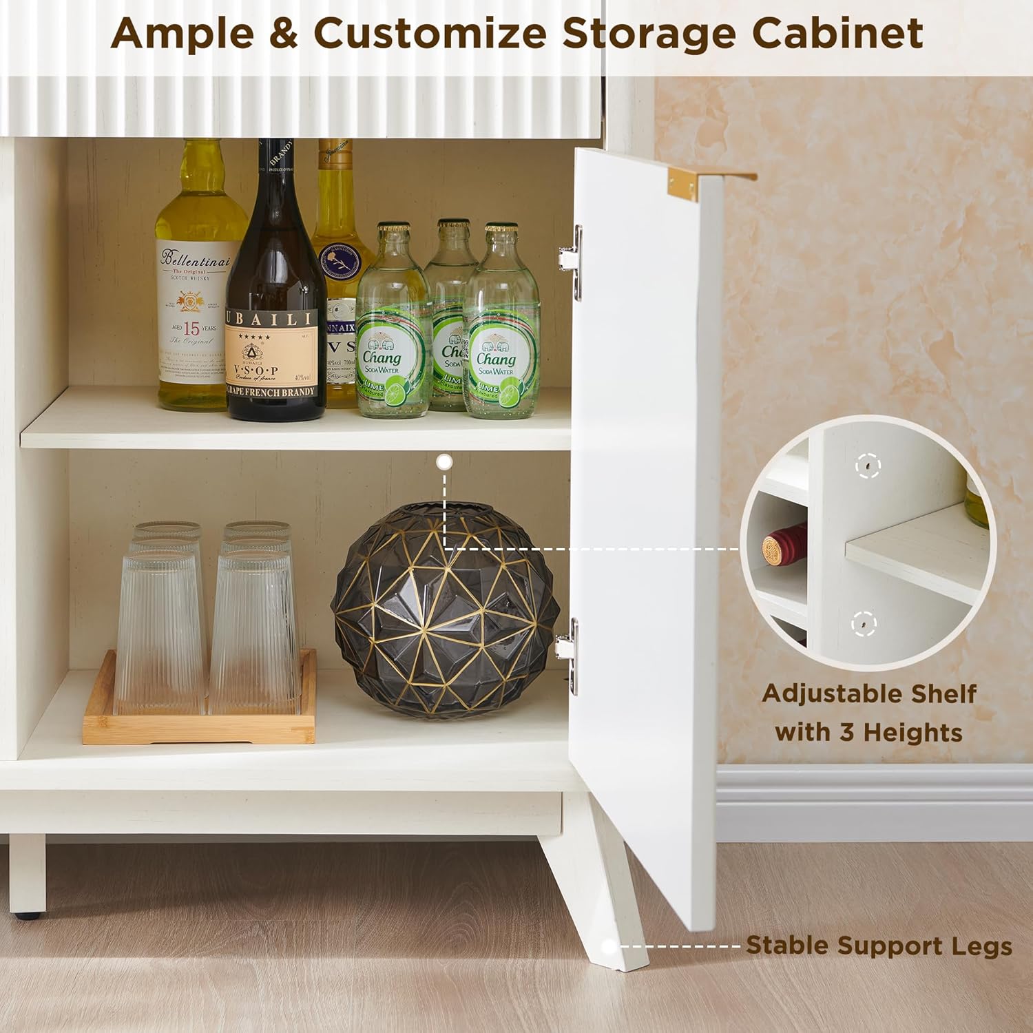 OKD Fluted Wine Bar Cabinet: 60" Modern Coffee Bar, Solid White