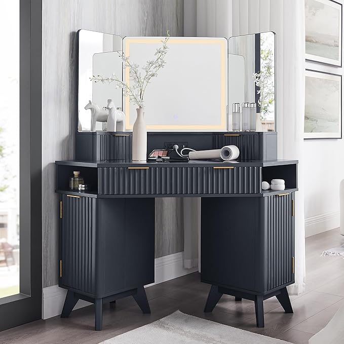 Fluted Makeup Vanity Desk with 3-Way Mirror and Lights