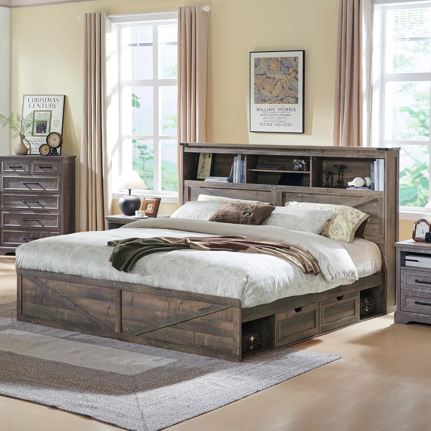 Farmhouse King Bed Frame with Storage Headboard, Drawers & LED