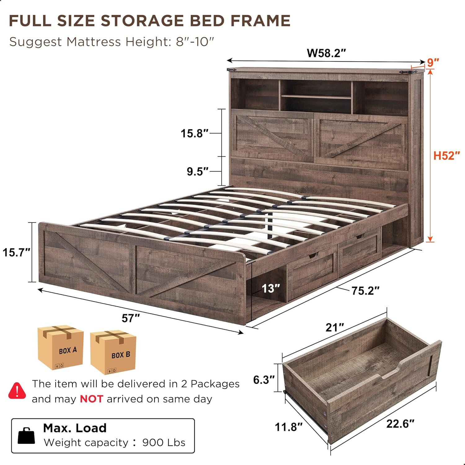 Full Size Farmhouse Wood Bed Frame with Storage Headboard & Drawers