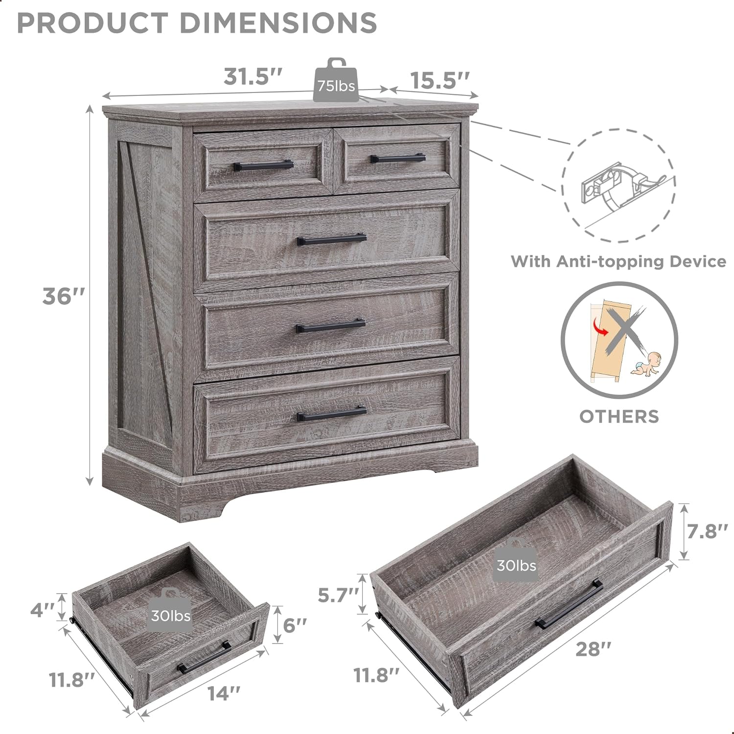 Rustic Grey Farmhouse 5-Drawer Dresser | Bedroom Storage Organizer