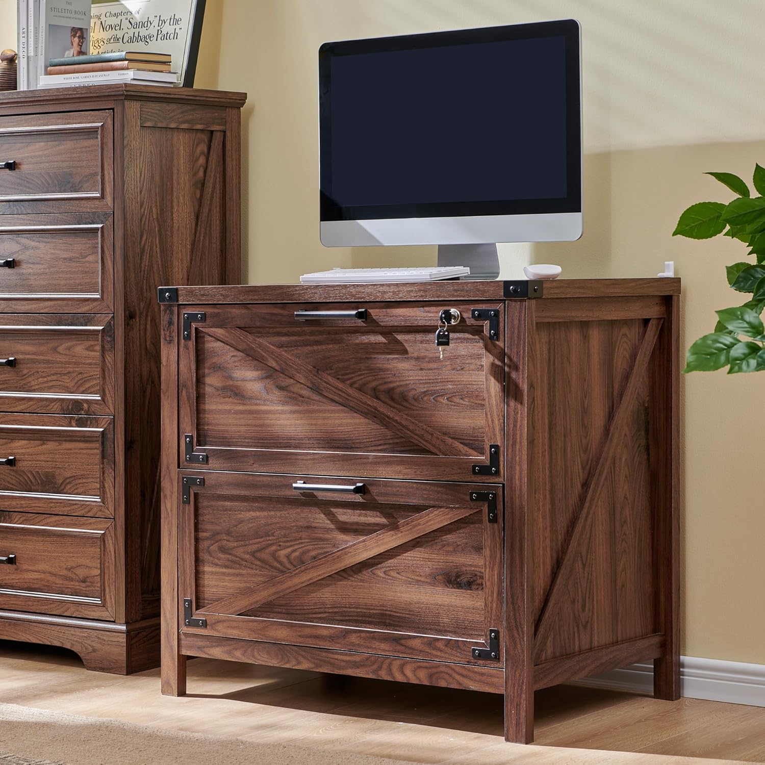Two-Drawer Farmhouse Lateral File Cabinet with Lock - Brown