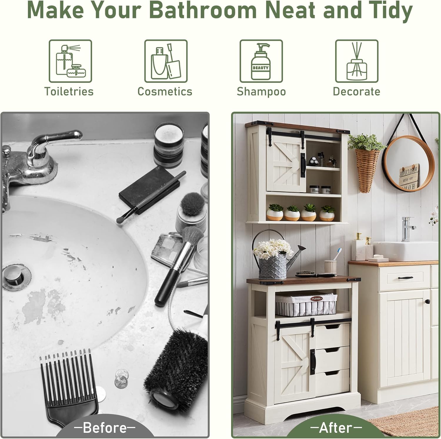 OKD Farmhouse Bathroom Floor Cabinet with Sliding Barn Door & Drawers