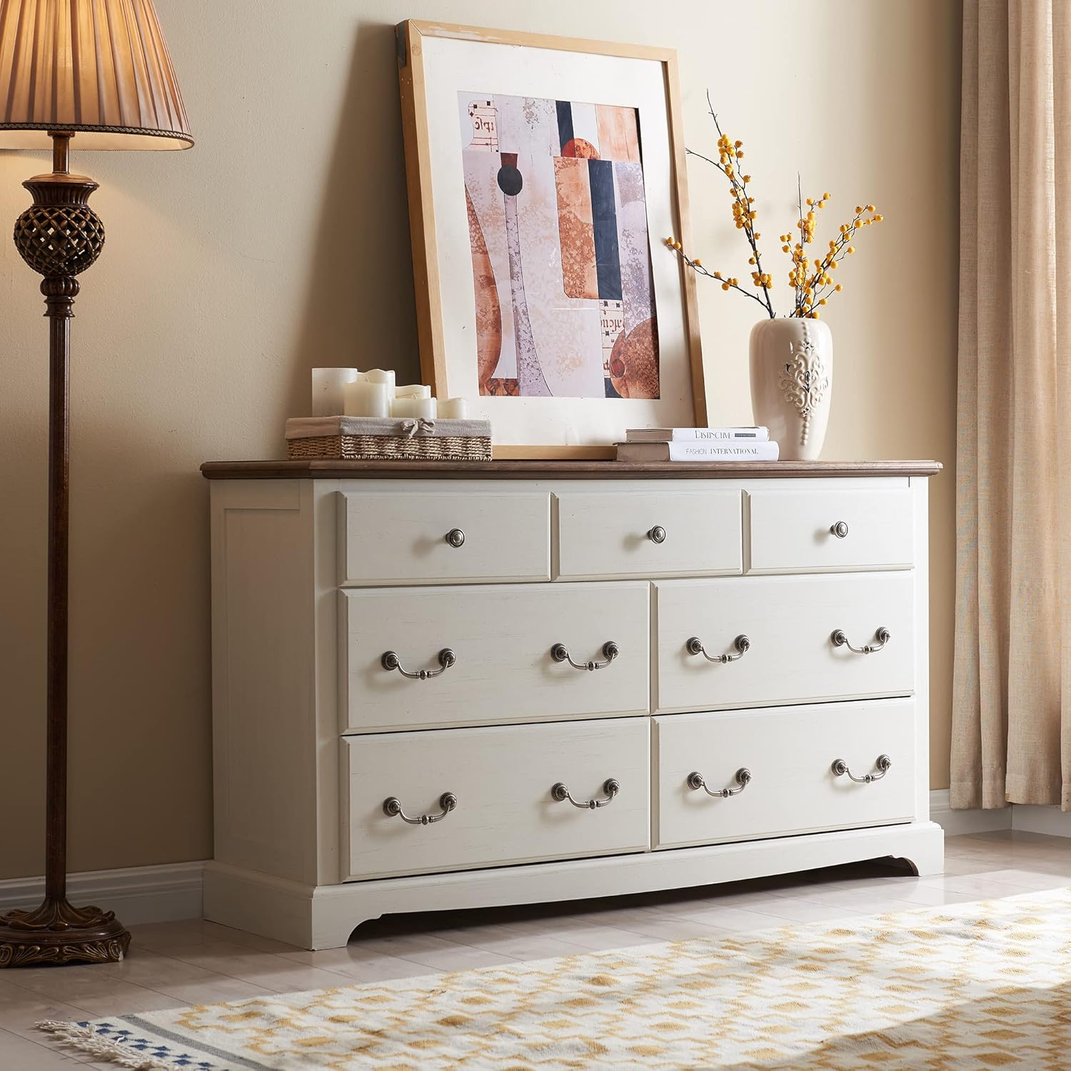 T4TREAM 7 Drawer Rustic Wood Dresser Chest for Bedroom, White