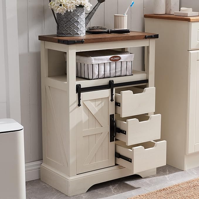 OKD Farmhouse Bathroom Floor Cabinet with Sliding Barn Door & Drawers