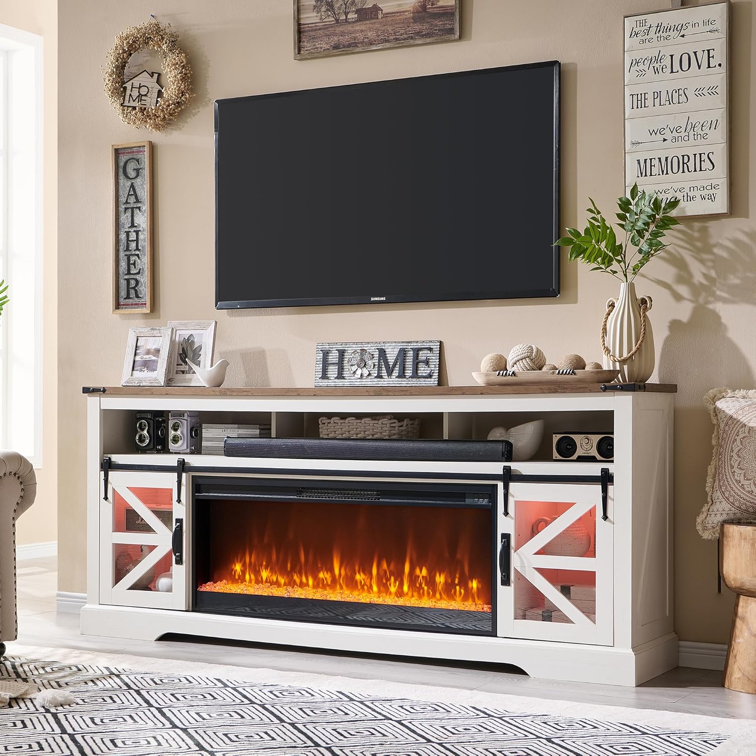 OKD Fireplace TV Stand for 85" TV, Farmhouse Entertainment Center