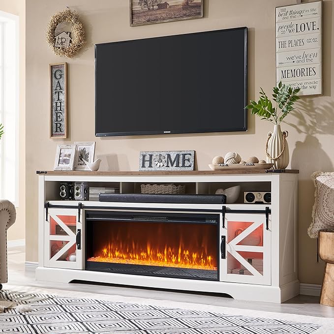 OKD Fireplace TV Stand for 85" TV, Farmhouse Entertainment Center