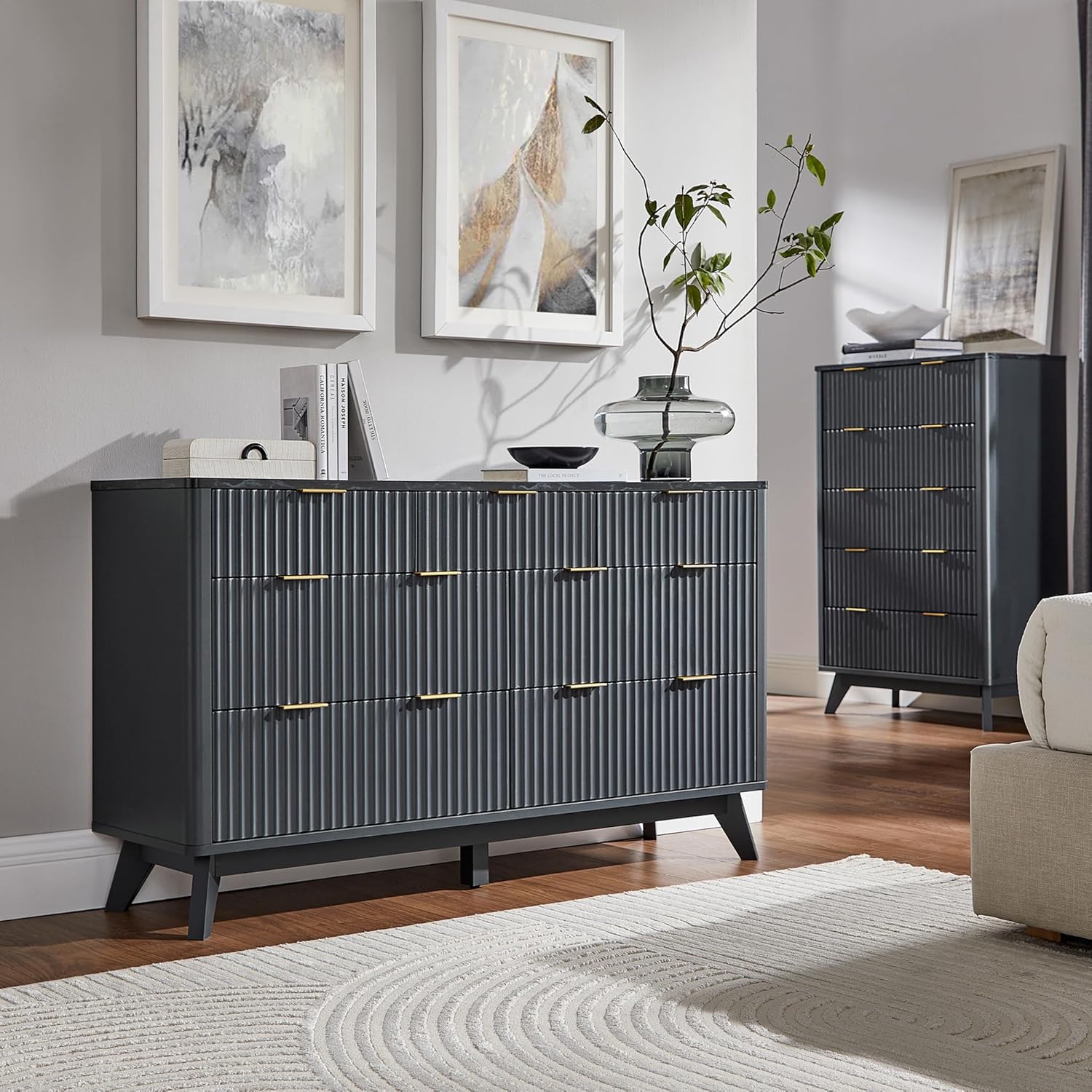 T4TREAM Fluted 7-Drawer Dresser - Modern Curved Dark Grey