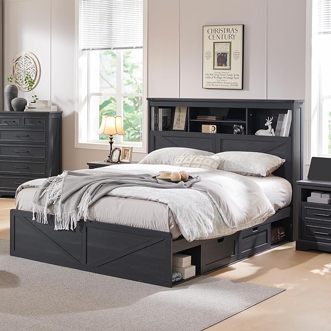 Farmhouse Queen Bed Frame with Headboard, USB Ports and Drawers