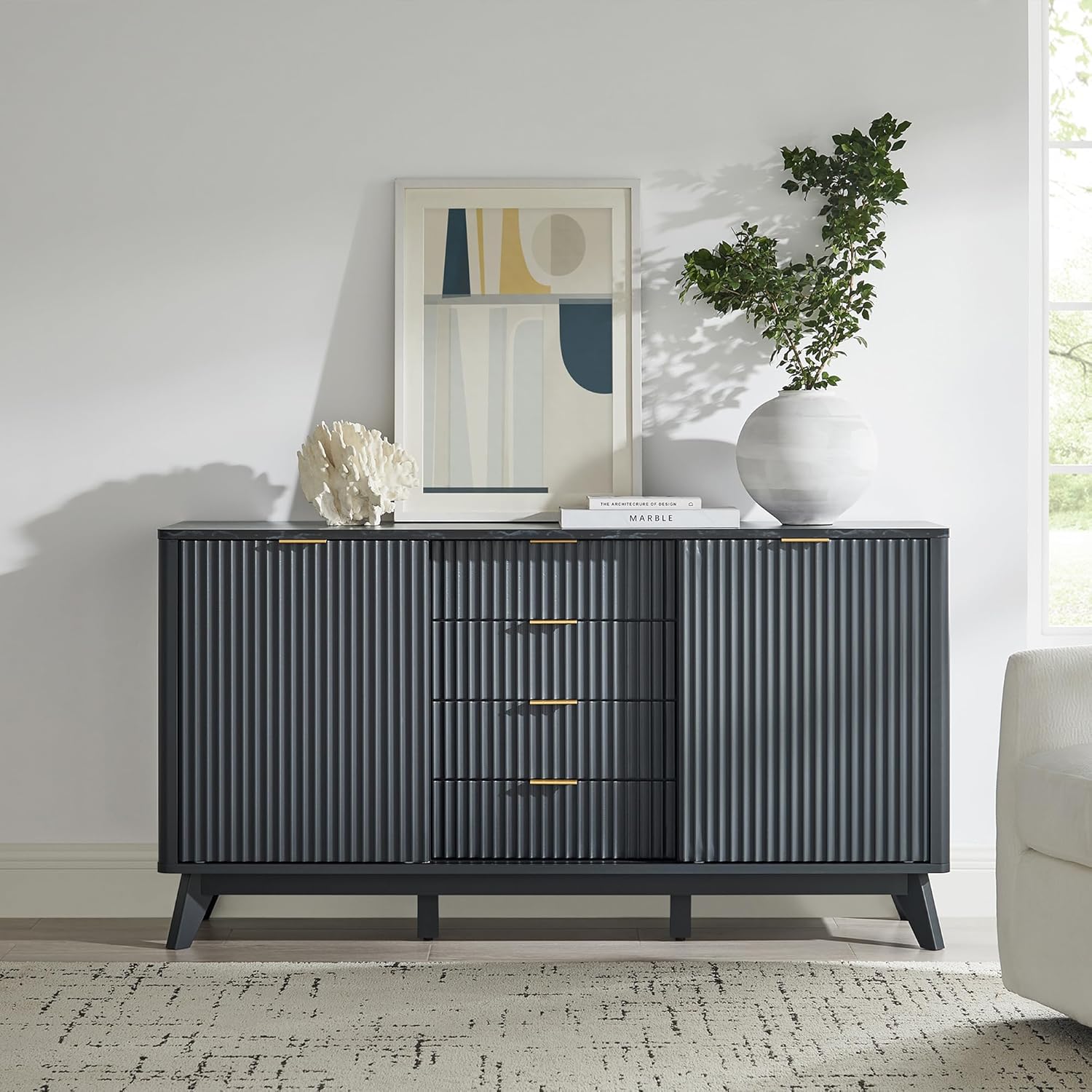 Modern Fluted Dresser 60 Inch with Sliding Doors and Drawers