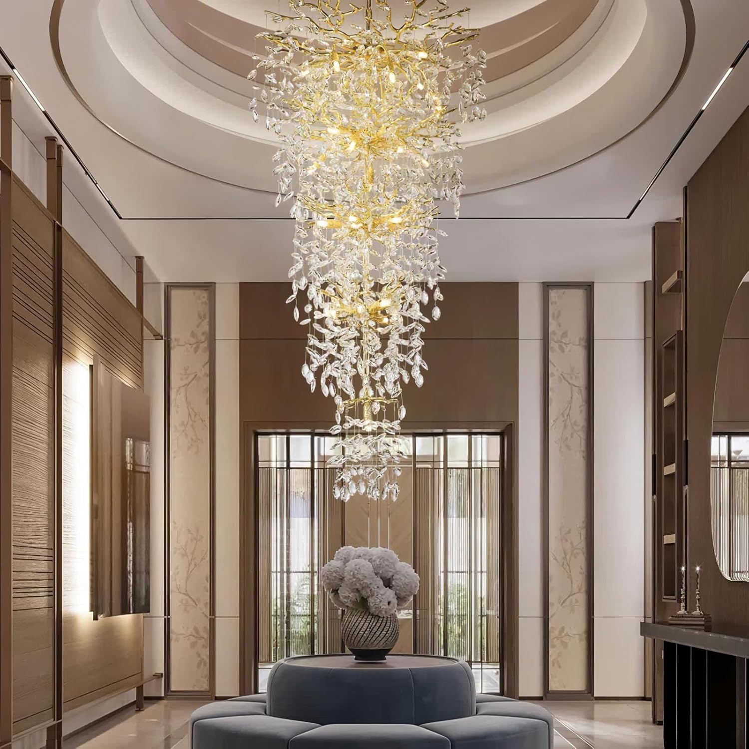 63'' Long Crystal Chandelier for High Ceiling, 28-Light Modern Gold Tree Branch Chandelier, Large Chandeliers for Foyer Entryway Staircase Living Room, 5-Tier Luxury K9 Crystal Raindrop Light Fixture