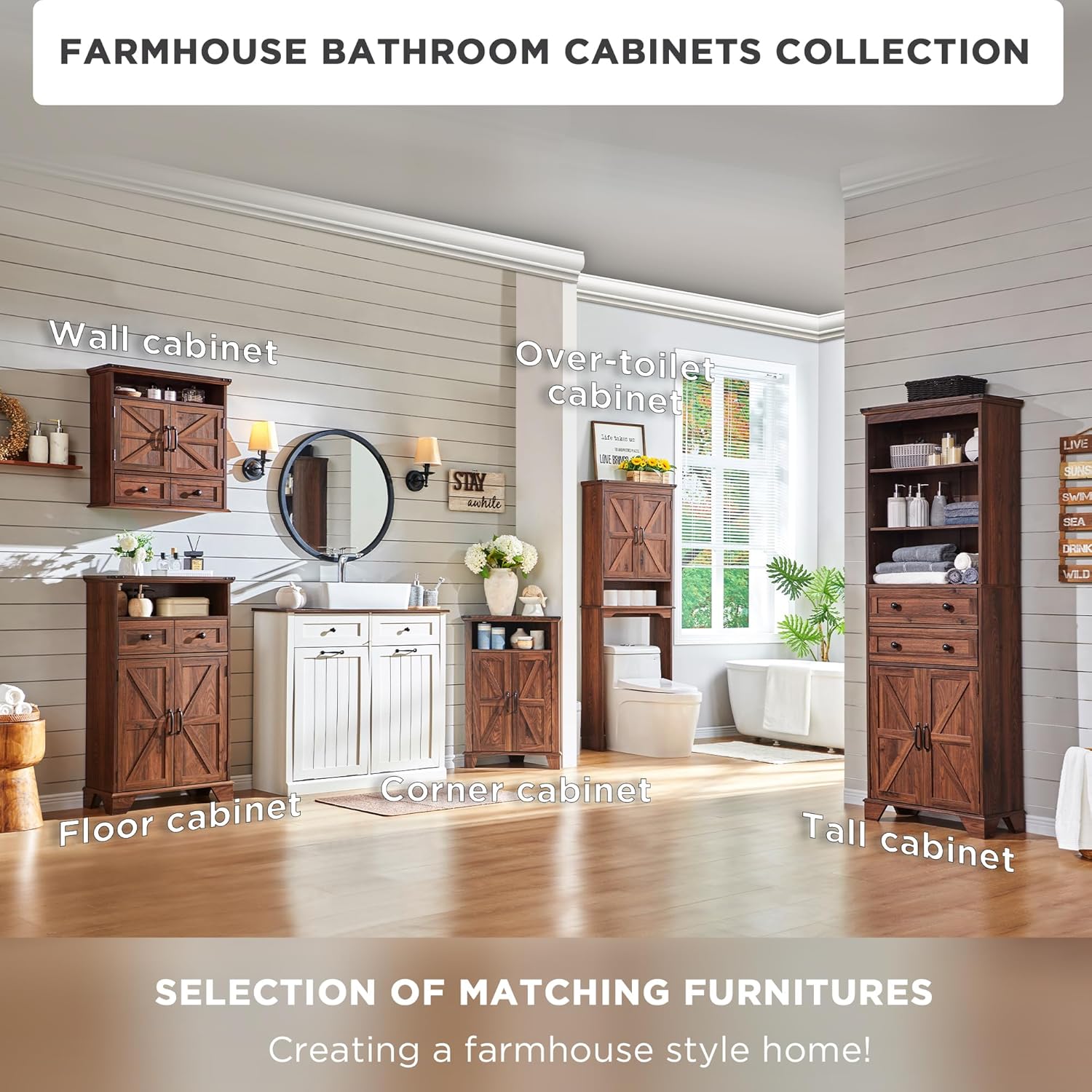 Farmhouse Corner Bathroom Cabinet with Barn Door and Adjustable Shelf