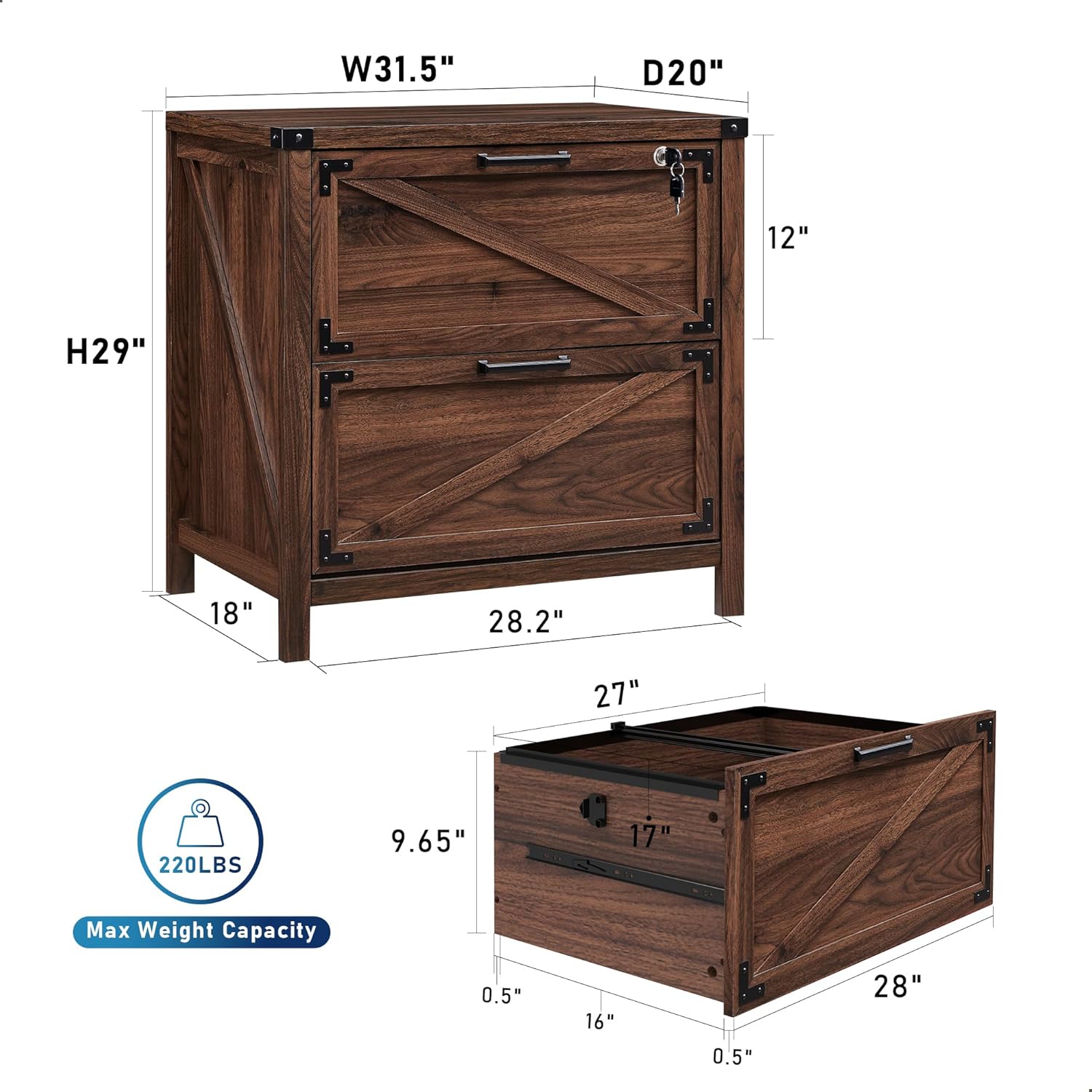 Two-Drawer Farmhouse Lateral File Cabinet with Lock - Brown