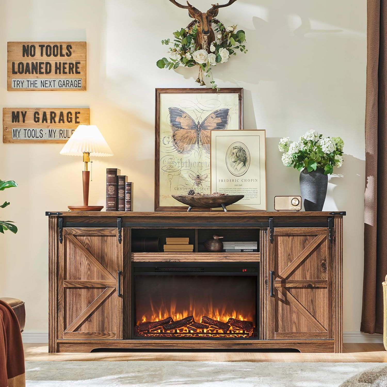 Farmhouse Fireplace TV Stand for 80 Inch TV Entertainment Center